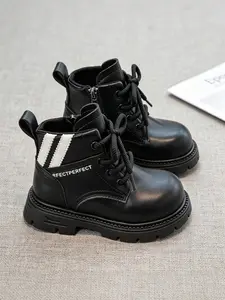 Boys & Girls' Casual Boots, Faux Leather, Stripe & Letter Detail, Chunky Sole, Fall&winter, School & Daily Wear