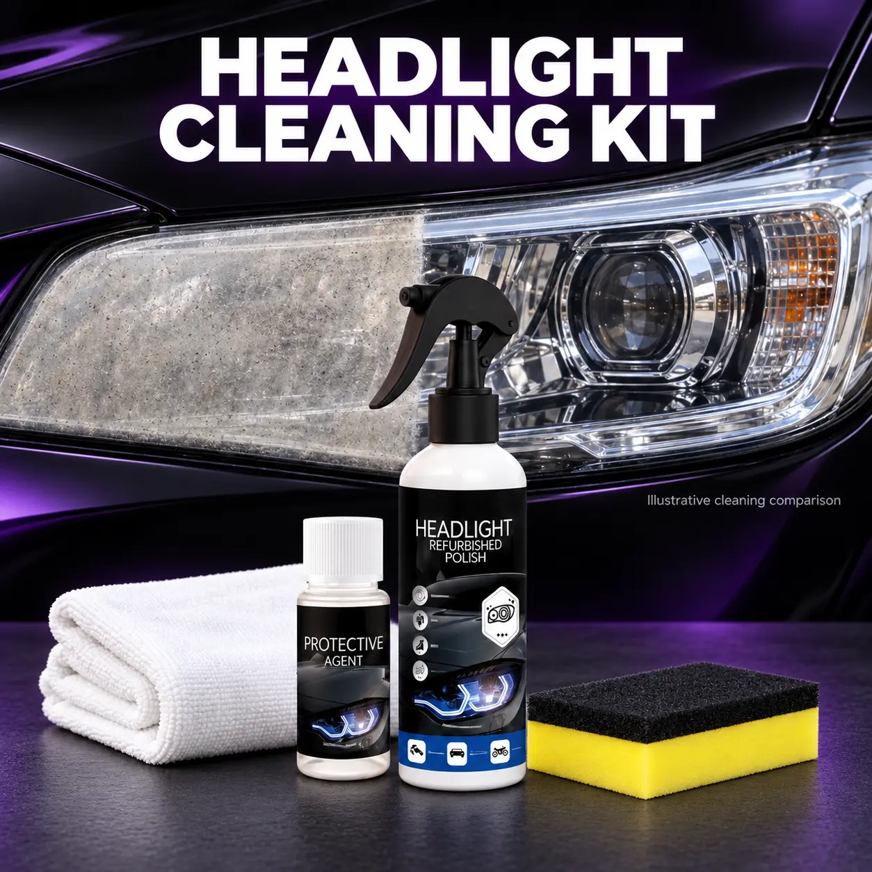 Car Headlight Restoration Spray Kit, Automotive Lens Clarity Cleaner Set with Polish Spray, Protective Agent, Sponge, Towel for Enhancing Visibility & Restoring Shine window oil film cleaning scratch oxidation remover high gloss conversion