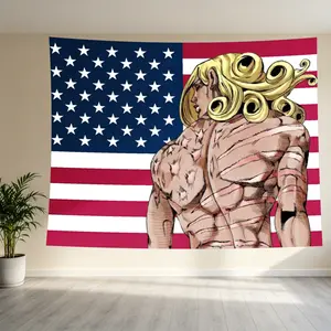 JoJo's Bizarre Adventure Polyester Tapestry - Funny Valentine American Flag Back Scar Meme from Steel Ball Run, Aesthetic Anime Print Wedding Home Decor, Machine Washable for Bedroom, College Dorm