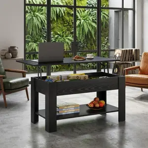39 Inch Adjustable Lift Top Coffee Table, Black Oak WPC Multi-Functional Center Table with Hidden Compartment & Open Storage Shelf, Height Adjustable Space Saving Rustic Modern Tea Table for Living Room Office Reception Room