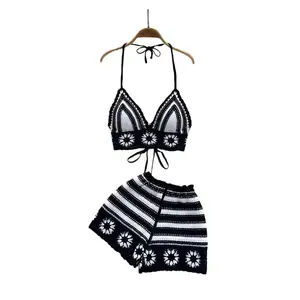 Beach Vacation Knitted 2-piece Set Women's Strap Sleeveless Strap Vest Elastic Waist Shorts Hook Flower Hollow 2-piece Set Size Virus Knitted Set Women's Dress Spaghetti Strap Black Striped ClothesRAIMENTRY