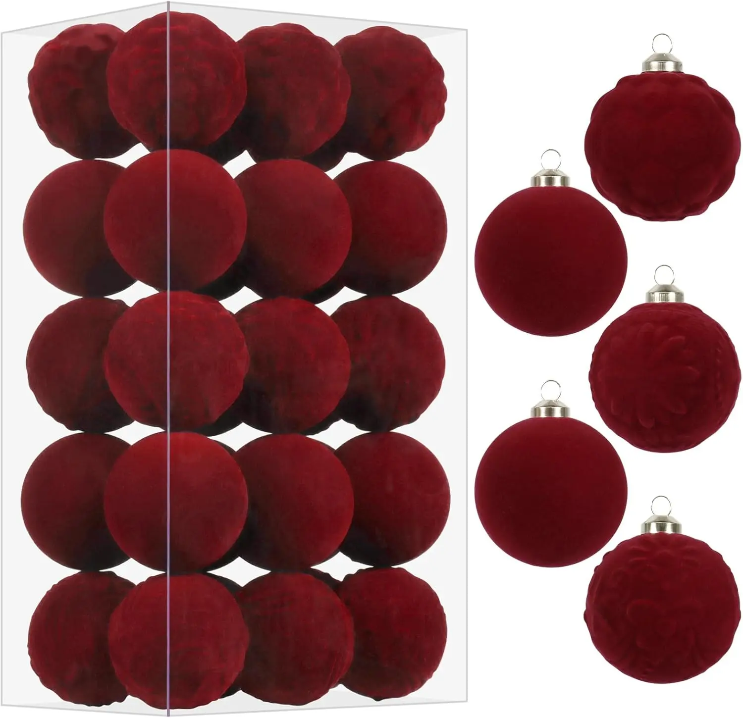Burgundy Shatterproof Flocked Christmas Ball Ornaments Set - 30 Count, 60MM/2.3In Soft-Touch Fabric, Flocked Finish Feels Luxe, for Hanging on Tree, Rail, Table - Holiday Party Decorations