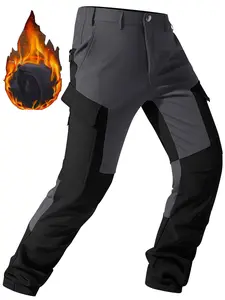 Men's Waterproof Work Pants, Thickened Fleece Lined Long Overalls for Autumn Winter Outdoor Activities, Multi-Pocket Geometric Design