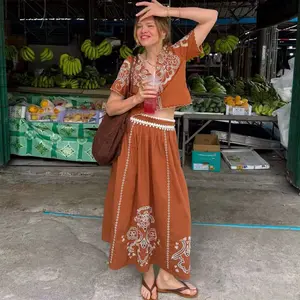 Women Cotton Top or Skirt Set White or Green or Red 2026 New Spring Summer Deep V-neck Embroidered Hollow Out Short Sleeve Shirt or Long A-line Skirt With Lace Waistband