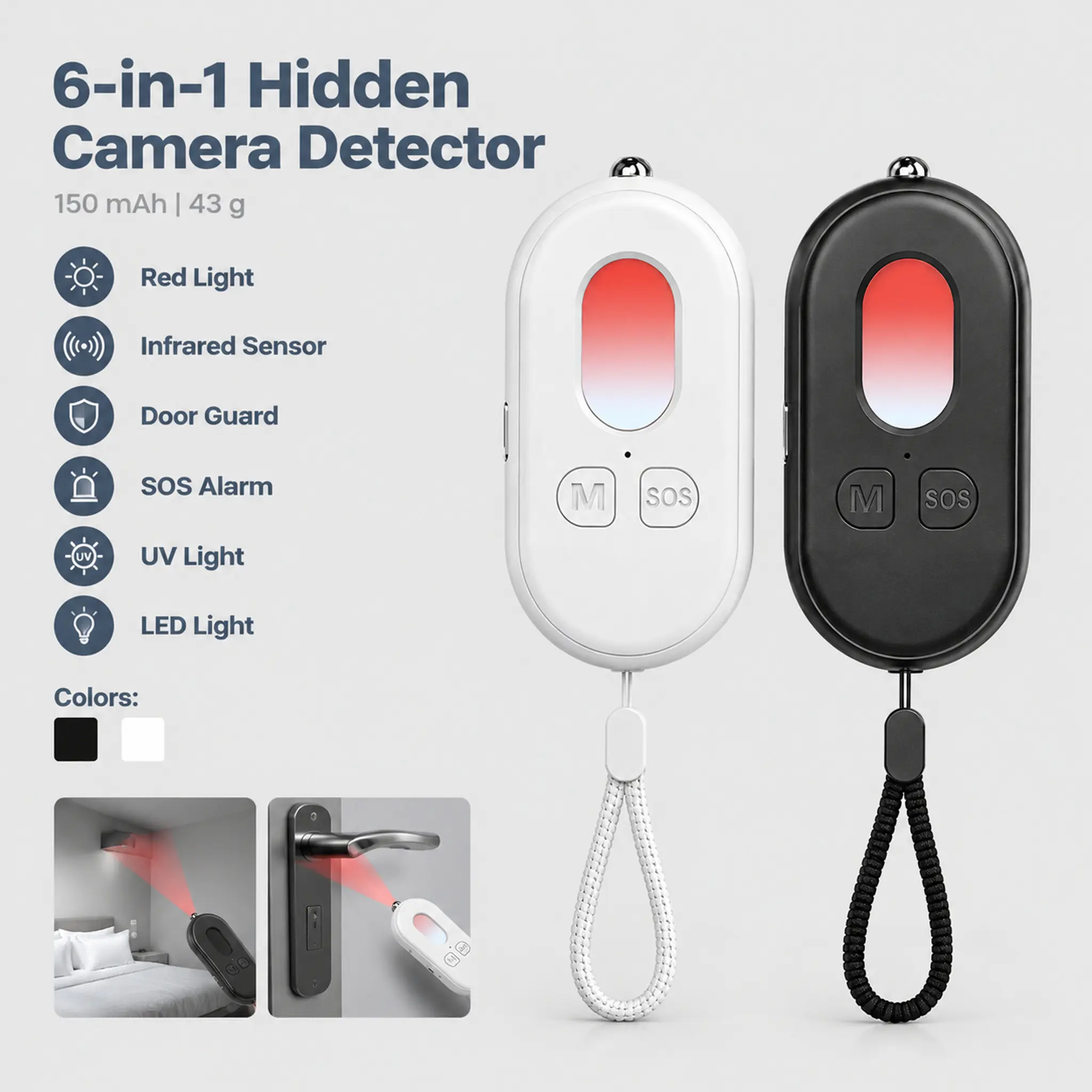 Quriov 6-in-1 Hidden Camera Detector with Infrared Sensor, Lens Finder, Door Alarm, Emergency Alarm, Ultraviolet Light & LED Flashlight for Hotels