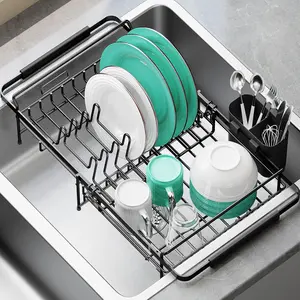 Dish Drying Rack in Sink - Expandable (14.5''-18''L) Over The Sink Dish Rack with Utensil Holder, Space-Saving Dish Drainer for Kitchen Counter, 1 Piece, Matte Black