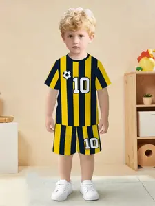 Active Set, Soccer Print Short Sleeve Shorts, Essential for Sporty Boys, Casual Fitted Asymmetrical Design, H-Type Silhouette