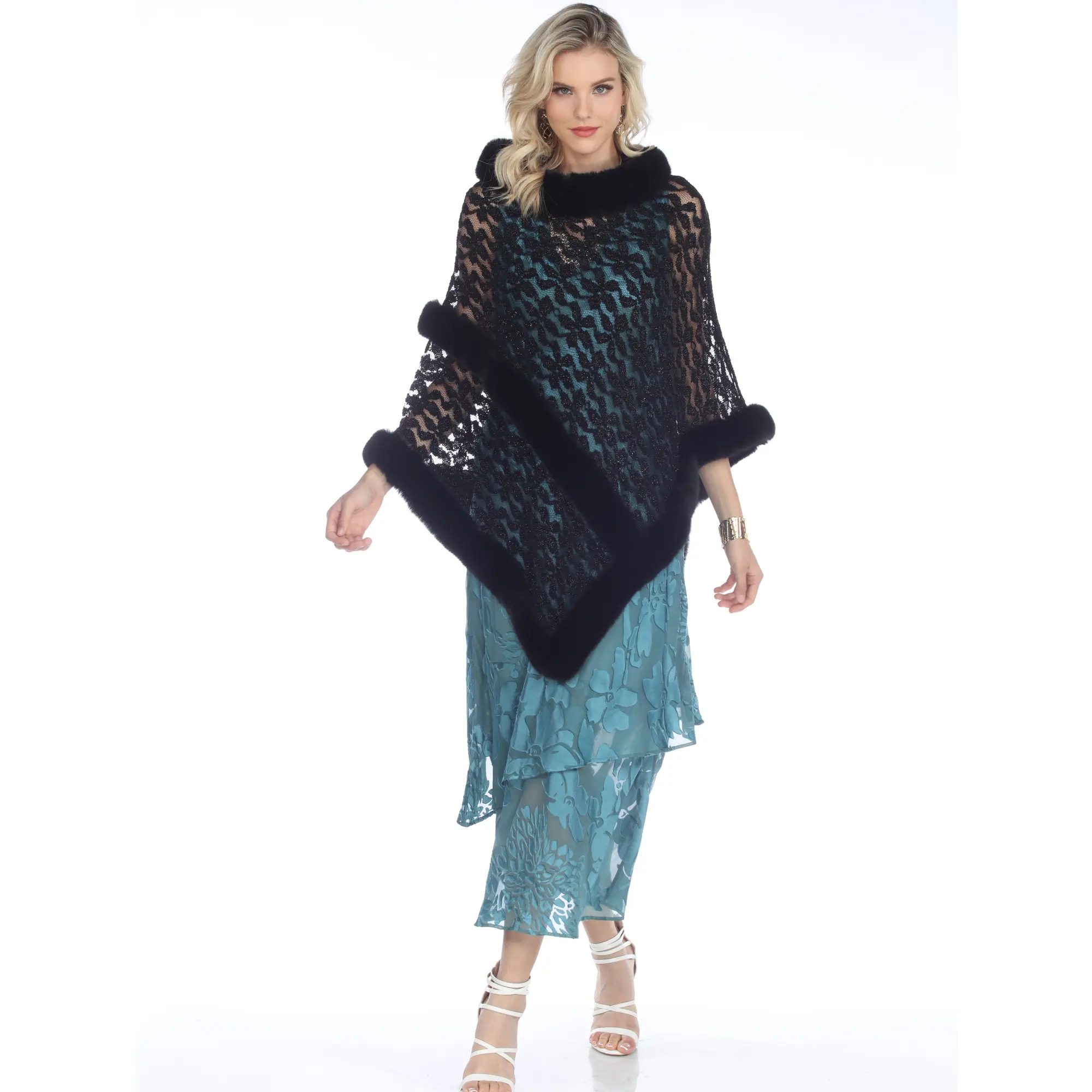Aris A Chic Lace and Faux Fur Poncho