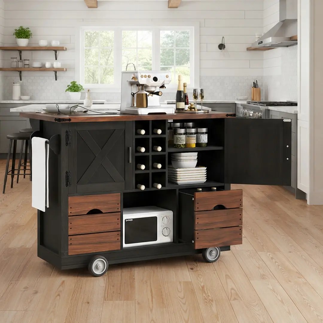 ARCH 54" Farmhouse Kitchen Island with Drop Leaf, Power Outlet, Storage Cart with 2 Doors, 2 Drawers, Rolling Kitchen Island on 4 Wheels, Spice Rack, Charging Station, Black Particle Board MDF for Kitchen Dining Room, Black/White Color Options