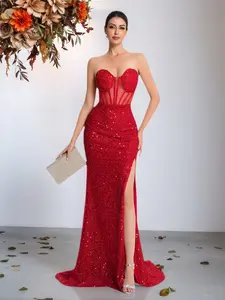 1 piece of women's sequined strapless high-slit mermaid Maxi long dress, party gown, sexy and luxurious style, with a waist-cinching design to show off the figure, suitable for mature women, applicable to occasions such as red carpets and high-end dinners