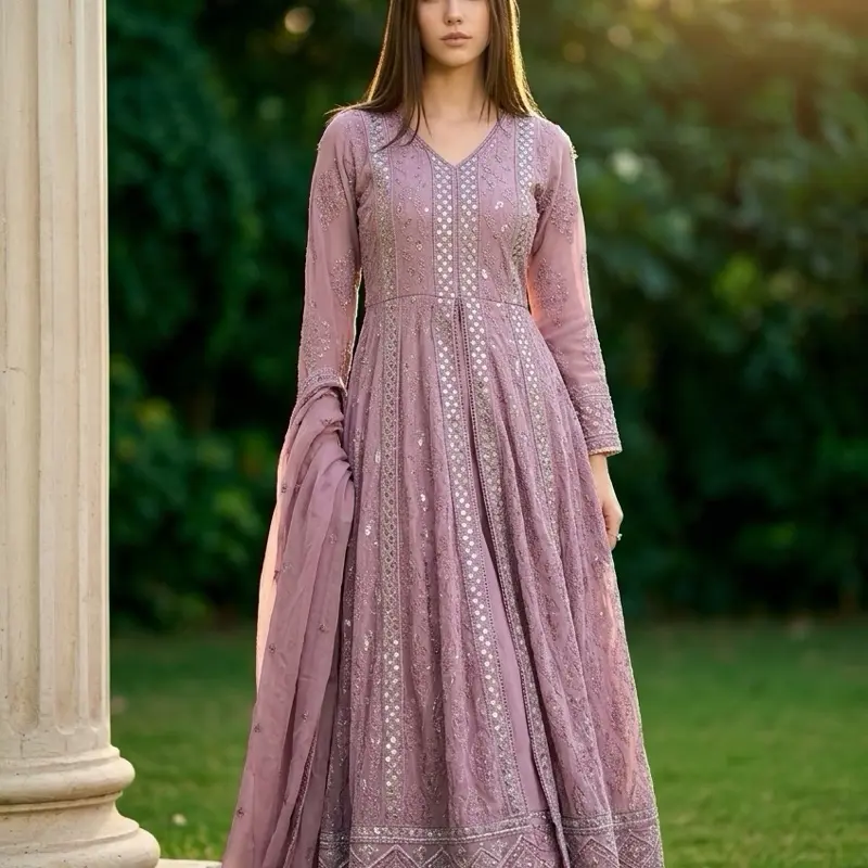 Light Purple Heavy Faux Georgette Anarkali Suit size XS 34/36 and length 56 inches Embroidered Top Dupatta Lace Organza for Wedding Sangeet - Bottom, Womenswear