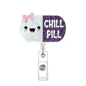 Cute Pill Design Badge Holder with ID Clip, 1 Piece Glittery Badge Reel, Identification Badge for Nurse Doctor Medical School Student