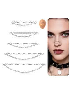 5Pcs Nose Chain Piercing Stainless Steel Across Top Nose Rings Chain Heart Double Nostril Bridge Jewelry for Women Men Silver Plated 32/35/40/45/50mm