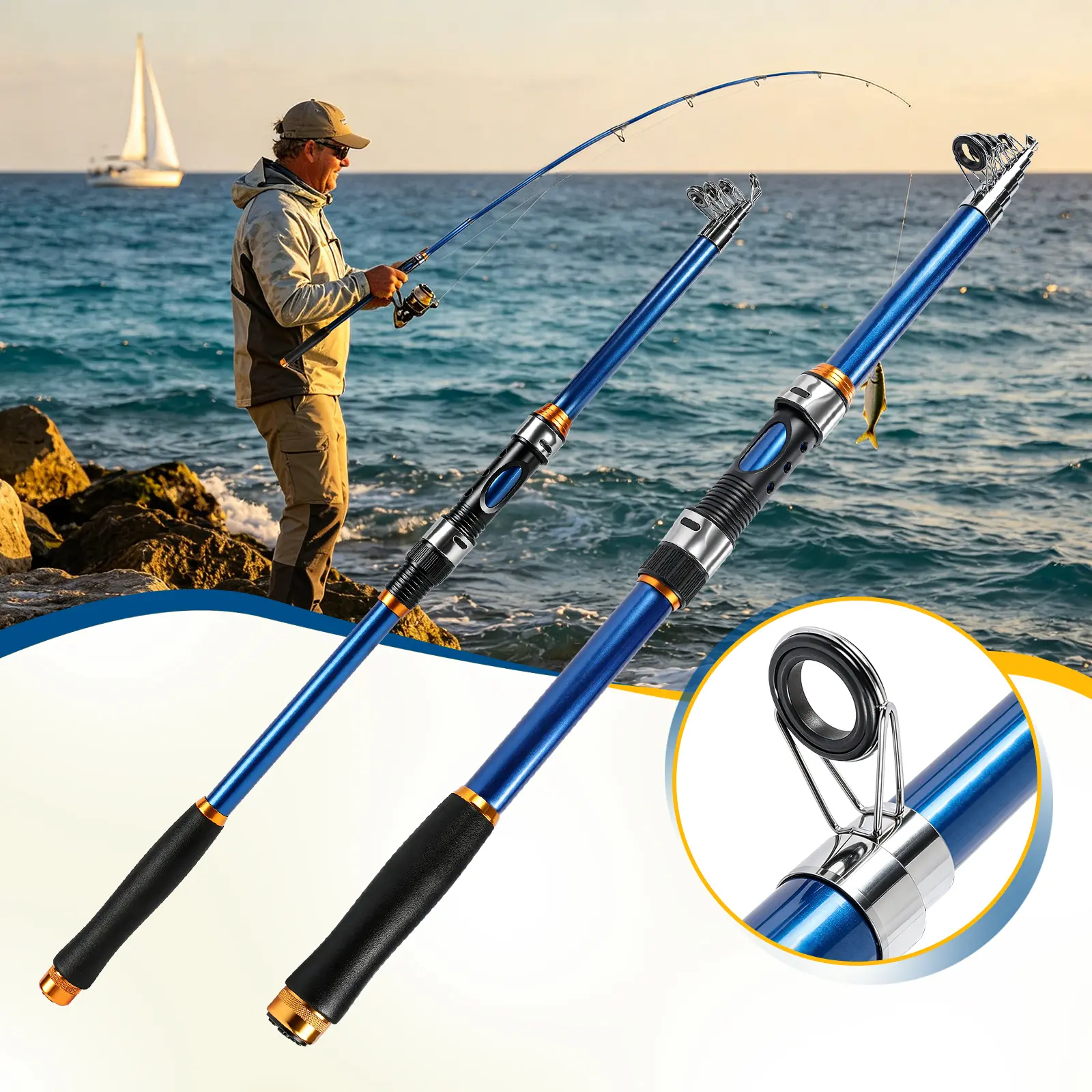 High Modulus Carbon Telescopic Spinning Rods, multi-taper high-load blanks, 6.9/9.8/11.8ft, matte black & blue scratch-proof coats, anti-corrosion steel guides. Compact travel build for lake, river surf casting for casual & tournament shore anglers