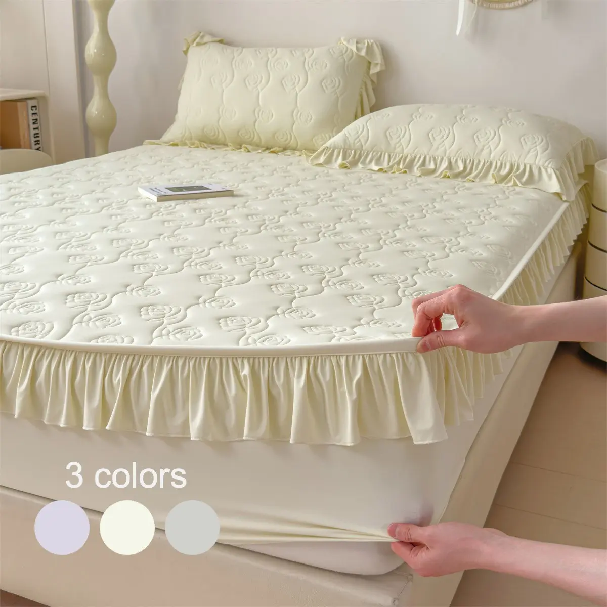 2/3pcs Summer Cooling Ruffle Fitted Bed Sheets Set with Pillowcases, Rose Embossed Pattern & Stretch Spandex Cooling Layer, Breathable and Moisture-Wicking for Hot Sleepers, Multiple Sizes Available, Perfect for Home Bedrooms.