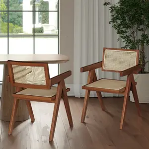 SIMTONAL Set of 2 Rattan Design Accent Chairs - Mid-Century Modern Dining Armchairs with Cane Back, Wicker Outdoor Chair, Outdoor Wicker Furniture for Kitchen, Living Room (Walnut/Light Walnut/Black)