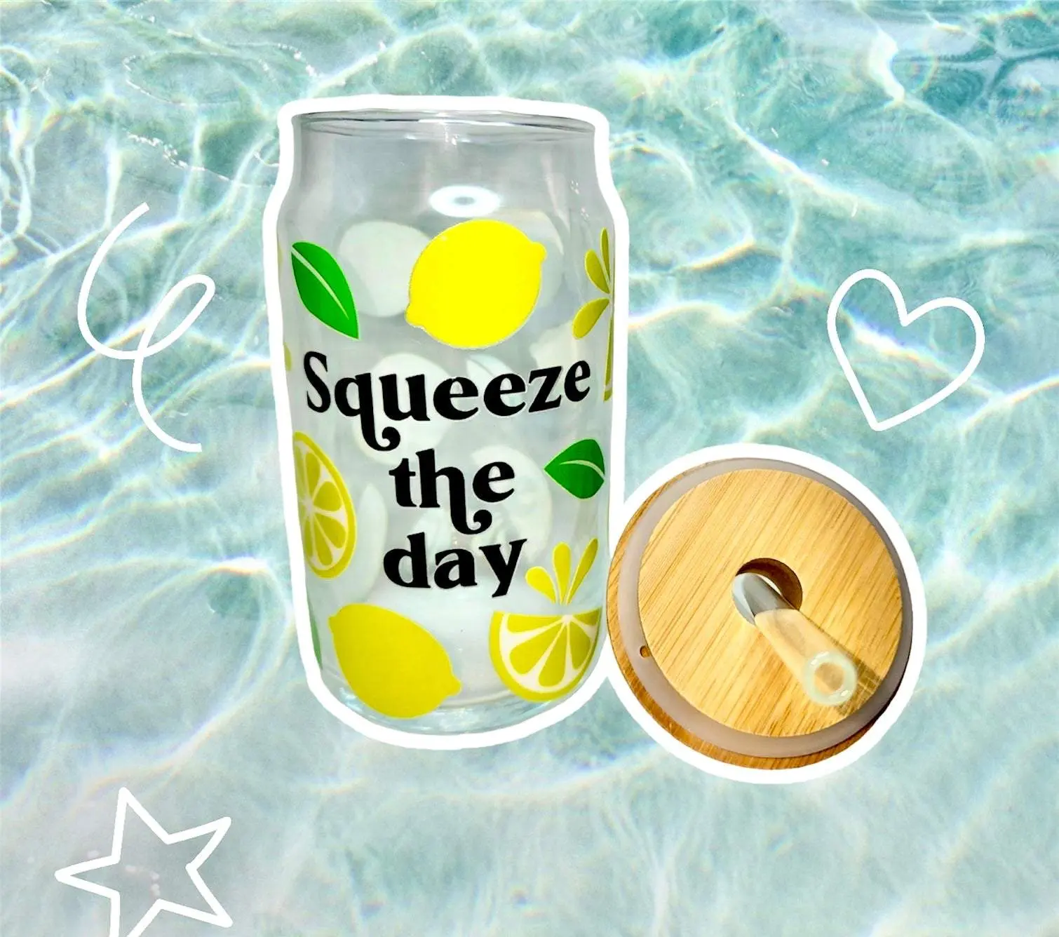Glass Libbey Cup | 16oz Glass Libby Cups with Bamboo Lid and Straw | UVDTF Cup |squeeze the day