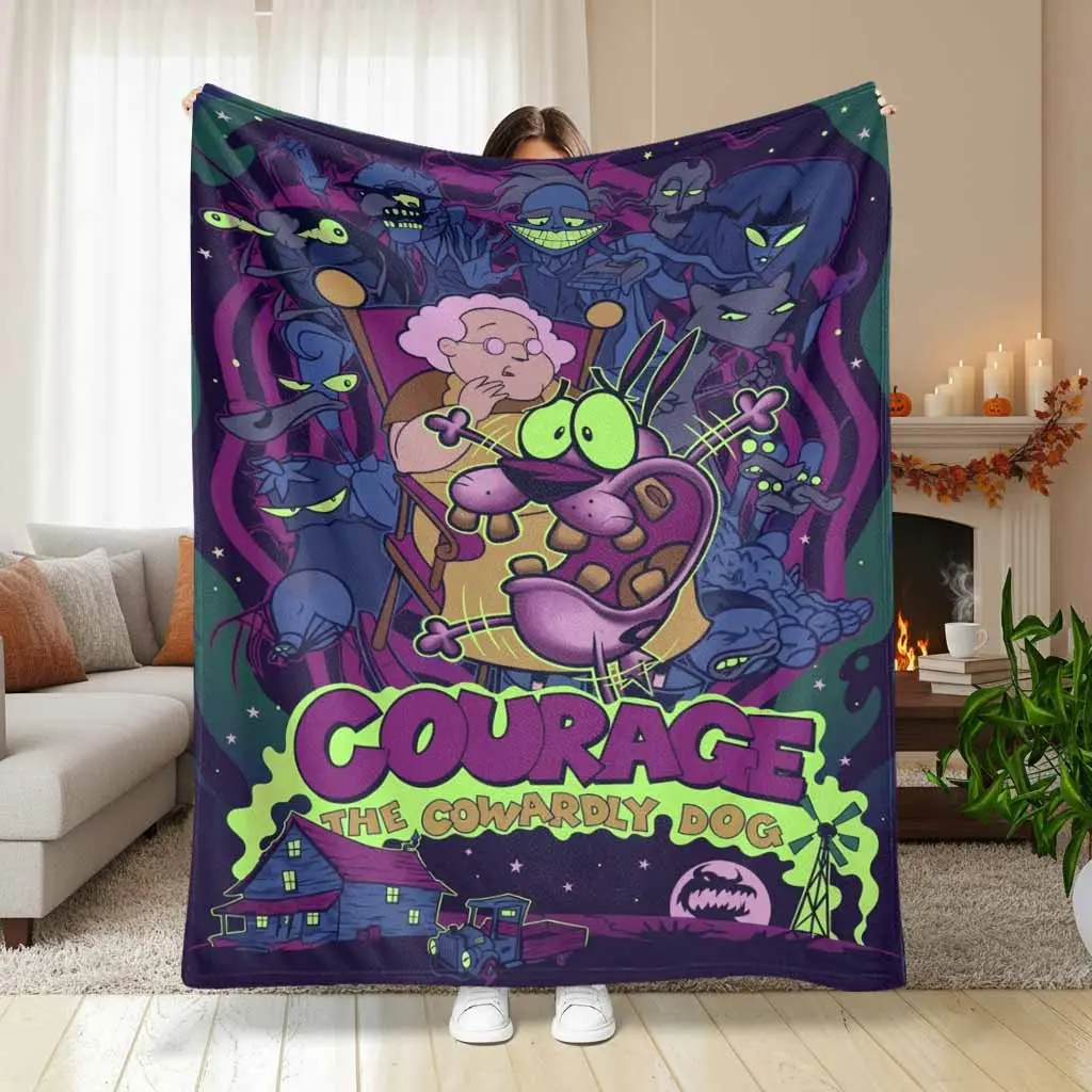 Courage the Cowardy Dog Character Art Flannel Blanket LightweightAll Season SoftPurple-Neon GreenHorror Themed Funky Cool Room House DecorCouch Bed Horror Lover GiftRoom Decor