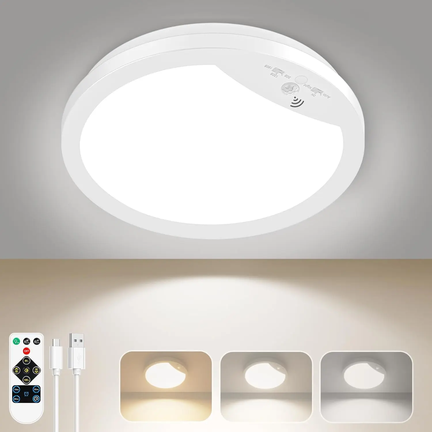 9" Non-Magnetic Rechargeable LED Ceiling Light - Motion Sensor Cordless Automated Fixture with Remote, Dimmable LED Spot, Non-Battery Overhead Lighting for Hallway, Living Room, Rechargeable Ceiling Light, Automated Ceiling Lights