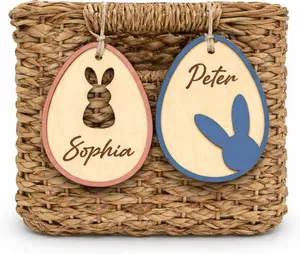 Personalized Easter Hanging Wooden Ornaments, Bunny & Carrot Easter Basket Tag for Kids, Ornaments Colorful for Easter Tree Basket, Kid Easter Basket Name, Easter Decoration