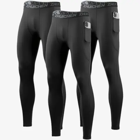 VRYXAL Men's 3pcs High Compression Quick Dry Sports Leggings with Pockets - High Stretch, Breathable, Sweat-Absorbent, Anti-Odour, UV-Protective, Plus Size, Flexible, Gym Fit, Knot Detail, Suitable for Gym, Running