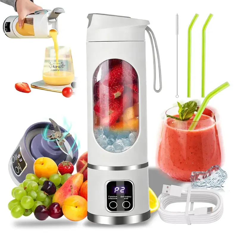 Portable Personal Smoothie Maker - USB-Port Rechargeable Fruit Juicer Blender, Kitchen Accessories, Mini Leak-Proof Cup with LED Display, Compact Travel Gift for Women (Purple)