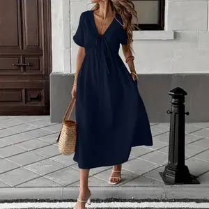 Deep V Neck Loose Boho Tie Front Streetwear Dress