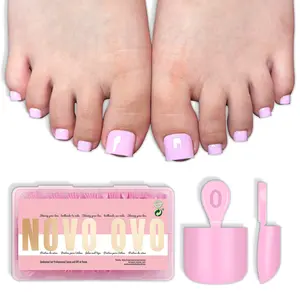 NOVO OVO Short Toe Nail Tips Press on Toenails - 224Pcs Pure Color Pink Sharp Square, Soft Gel Full Cover Fake False Toenails for Wide Feet, DIY Pedicure Extension Kit for Salon, 16 Sizes