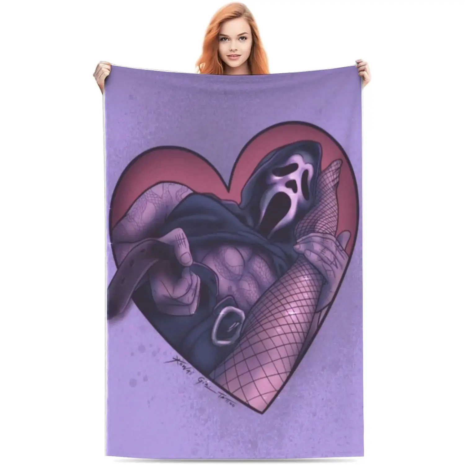 Gothic Heart-Frame Ghostface Horror Art Print Fleece Blanket - Soft Throw Blanket, Spooky Y2K Dark Aesthetic Wall Tapestry, Unique Gift for Horror Movie Fans, Halloween Decor