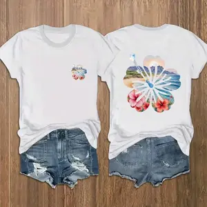 Women's Floral Boho T-Shirt | 100% Soft Breathable Cotton, Tropical Hibiscus Graphic, Crew Neck Short Sleeve Beach Vacation Top, Perfect Casual Summer Outfit