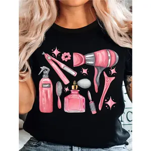 Women's Black & Pink Salon T-Shirt with Beauty Icons (Hair Dryer, Scissors, Nail Polish, Blow Dryer) - Cosmetology Workwear Top for Hairstylists & Nail Technicians - Short Sleeve Round Neck Casual Uniform