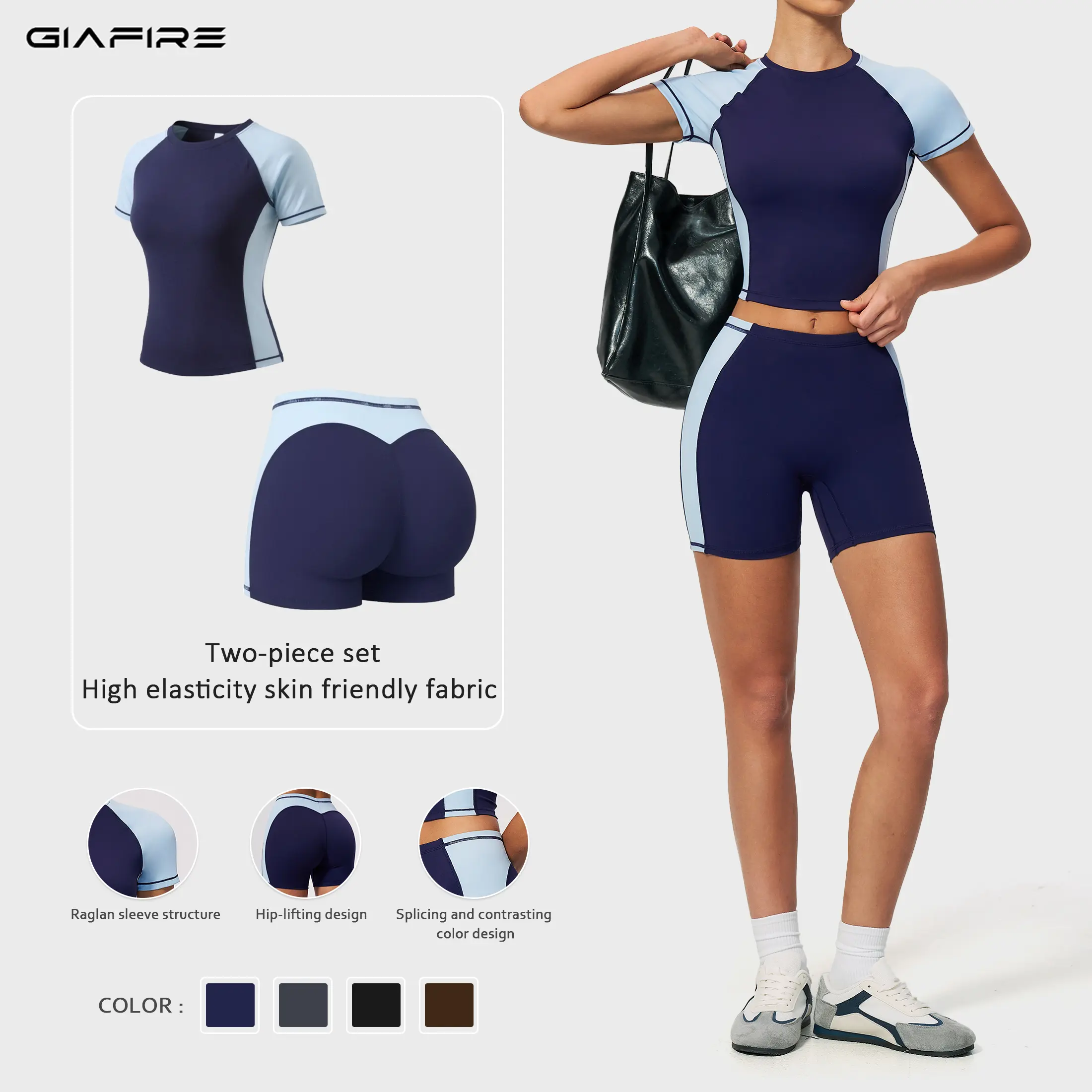 GIAFIRE Women's Minimalist High-Stretch 2-Piece Yoga Fitness Set Color block short-sleeve tee with high-waisted butt-lifting breathable sweat-wicking shorts. Perfect for Pilates, gym, beach, outdoor activities and home leisure.