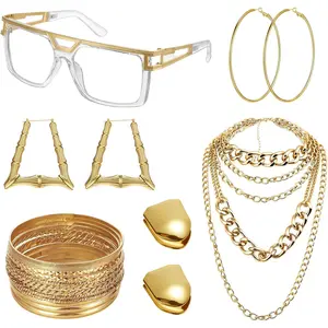 Remuuly 80s 90s Outfits Accessories Kit for Women Men Hip Hop Rapper Costume Gold Glasses Chunky Necklaces Stacking Bracelet Hoop Earrings Plated Gold Teeth Jewelry Set for Theme Party