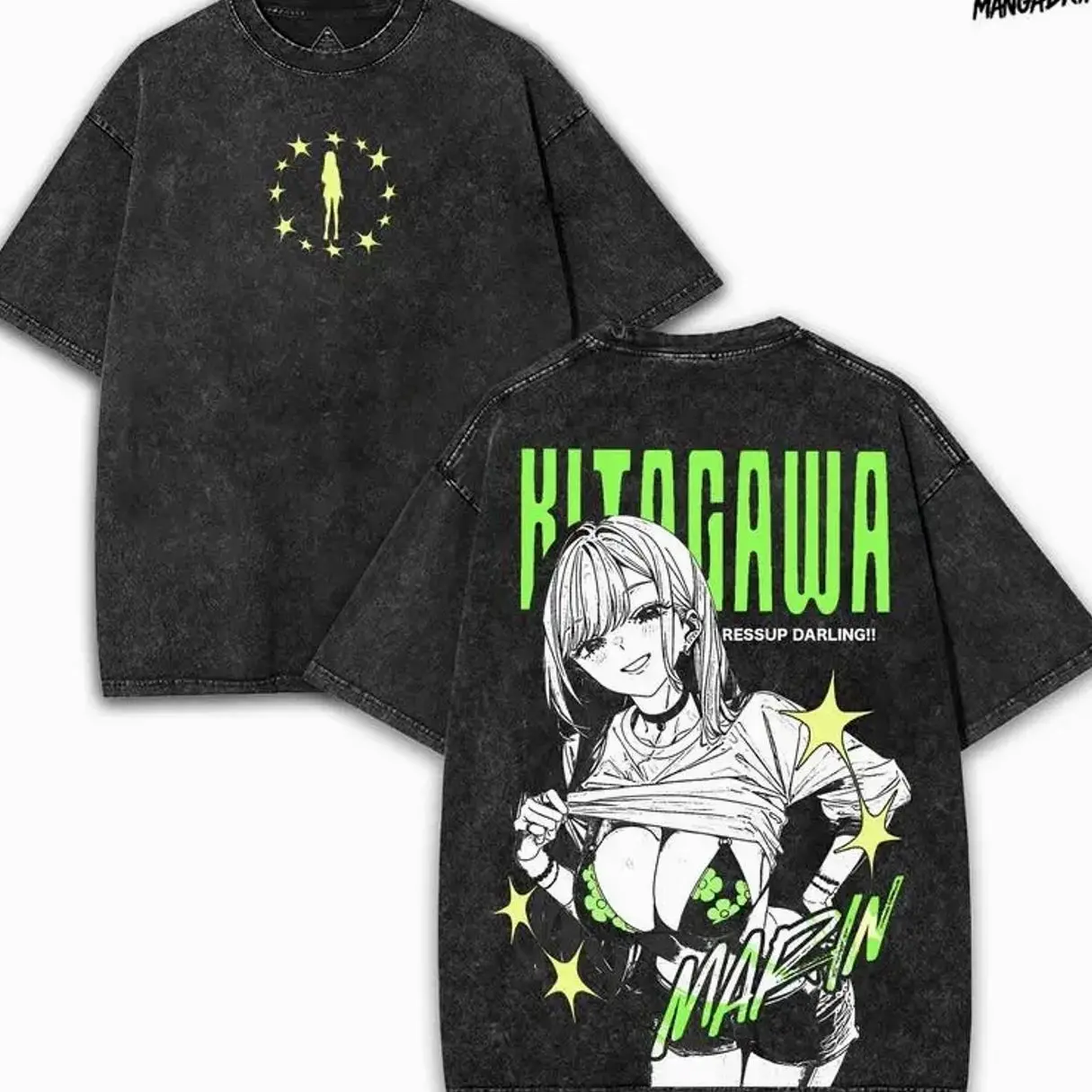 Marin Kitagawa My Dress-Up Darling Oversized Washed Tee 260GSM With Neon Green Manga Back Art | Collector Waifu Drop Cotton Streetwear UGB