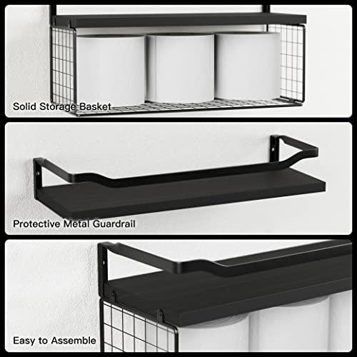 Floating Shelves with Wire Storage Basket - Bathroom Shelves Over Toilet with Protective Metal Guardrail, Wood Wall Shelves for Bathroom, Bedroom, Living Room - Black
