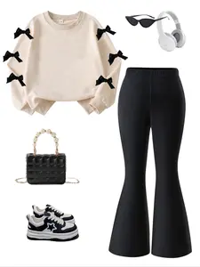 Girls' 2-Piece Set, Fashionable Bow Decor Long Sleeves Sweatshirt & Slim Bell-Bottom Pants, Comfortable Fall Winter Wear, Perfect Gift for Teens