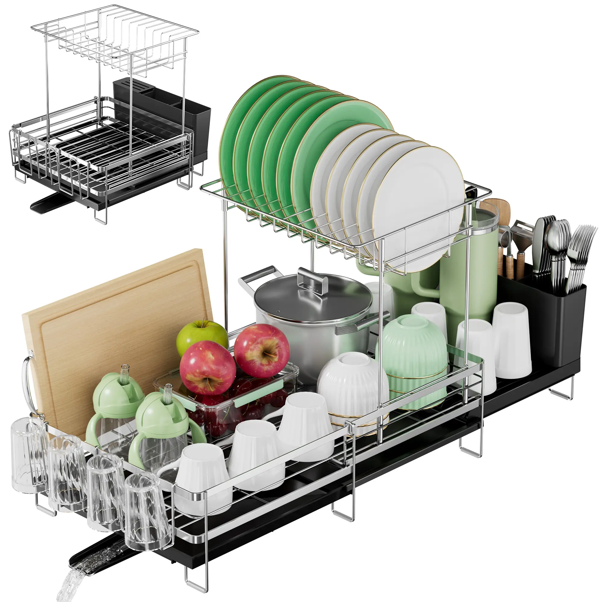 YECAYE 2 Tier Dish Drying Rack, Extendable Dish Rack, Dish Racks Extendable from 13.4 to 28.7 in | Large Stainless Steel Dish Racks for Kitchen Counter, Multifunctional Dish Drainer with Cutlery & Cup Holders, Black