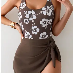 Womens One Piece Swimdress Tummy Control Swimsuits Tie Knot Skirt Bathing
