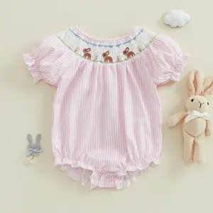 Baby Girl Easter Outfit Short Sleeve Doll Collar Bubble Romper Summer Plaid Bunny Smocked Bodysuit