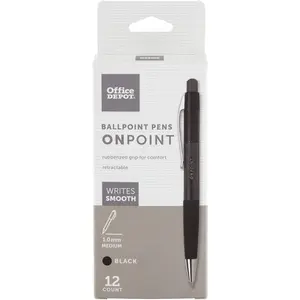 Office Depot Soft-Grip Retractable Ballpoint Pens, Medium Point, 1.0 mm, Black Barrel, Black Ink, Pack Of 12