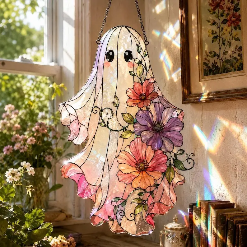 Floral Ghost Stained Glass Suncatcher, Cottagecore Spooky Halloween Window Decor Ornament, High-Quality Iridescent Prismatic Acrylic Art, Perfect Gift for Boho Home and Garden Aesthetic Lovers