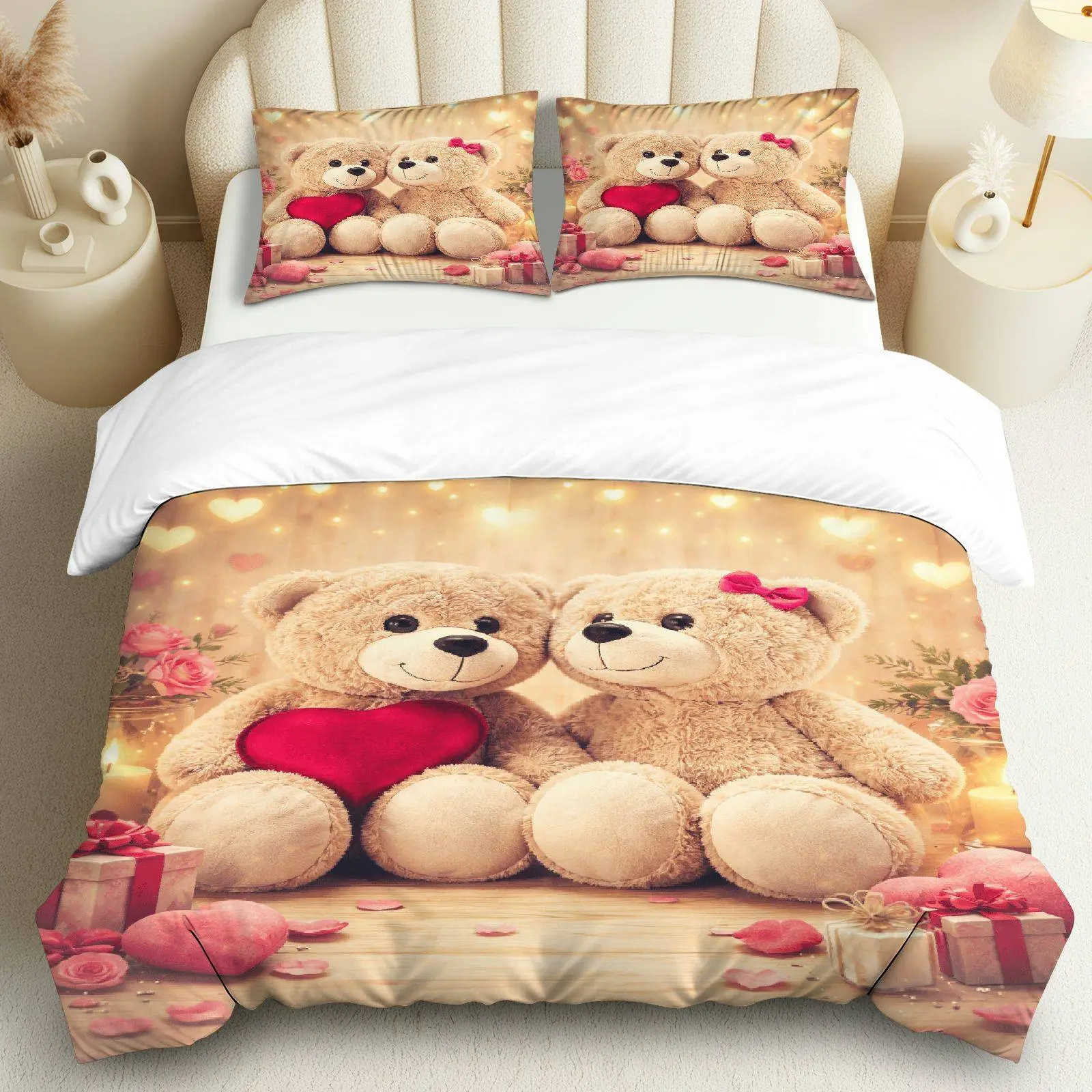 3PCS Duvet Cover Set, 1 Duvet+2 Pillowcases(Without filler), Cute Romantic Teddy Bear Gift Love theme, Valentine bedding set, Cozy Soft Comfortable Suitable for decoration Bedroom, Guest Room, Living Room, Hotel.