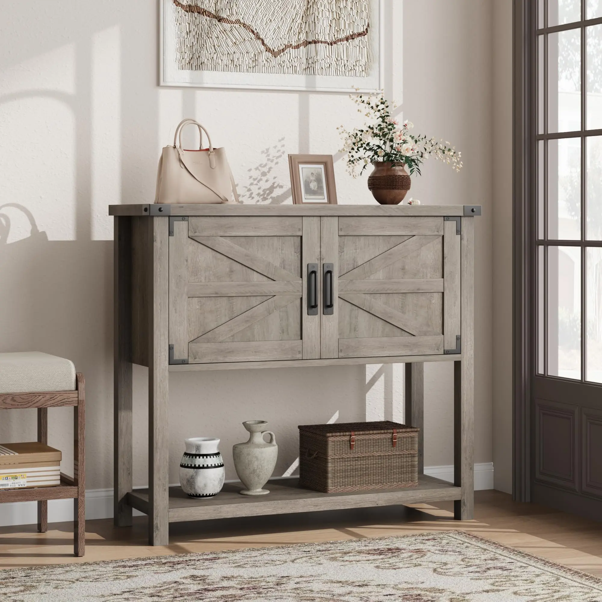 Garvee Rectangular Farmhouse Console Table - 32" Engineered Wood Sideboard with 2-Door Cabinets, Spacious Top, Storage Organization, Easy Setup for Entryway, Grey