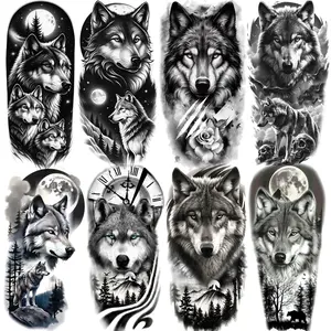 8pcs Forest Tribe Wolf Moon Temporary Tattoo Black Grey Realistic Style Male Female Adult Durable Waterproof Fake Tattoo Stickers