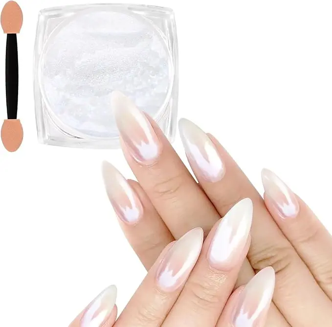 White Pearl Chrome Nail Powder - Aurora Iridescent Mirror Pigment, Metallic Ice Glitter Dust for Gel Nail Art Decoration
