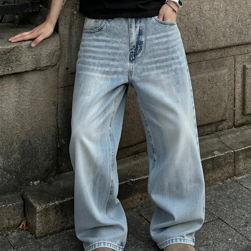 Men's Y2K Hip-Hop Style Light Wash Vintage Plain Denim Jeans | Loose Straight-Cut Street-Style Jeans for Retro Urban High Street Casual Daily Wear