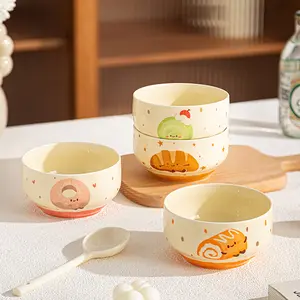 4 Set Cute Bread Ceramic Matcha Bowl Creative Kawaii Hand-Painted Ceramic Anti-Scald Soup Bowl Home Kitchen Noodle Ramen Tableware Bowl
