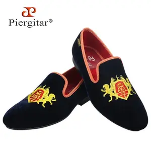 British Style Embroidery Navy Velvet Shoes With Gold Outsole Handmade Men Loafers Slip-On Smoking Slippers For Party