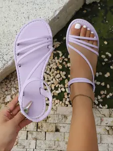 Summer New Women's Plain Color Minimalist Sandals, Flat Sole Open Toe, Thin Strap Back Elastic Design, Simple Beach Shoes, Anti-Slip Wear-Resistant