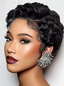 13x4 Lace Front Pixie Cut Wig, Human Hair Short Bob, High Definition Bangs, Pre-Bleached, Elegant Large Curls, Finger Waves Mom Wig
